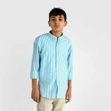 CSK0931-Camicia Shako Rigato Azzurro-Abbigliamento Bambini Primavera Estate 2024